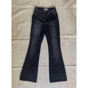 UO Womens Black Ruched Dip Waist V Flare Pants 28 Y2K Raw Hem Stretch